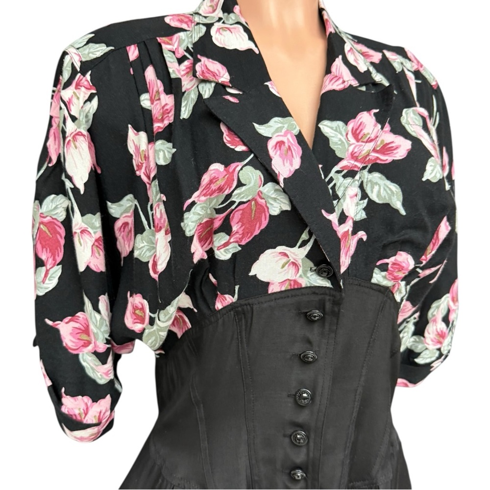 Vintage 80s Jumpsuit Black Pink Floral  Size 12 Foxy Lady Funky Unique Jumpsuit - Picture 6 of 12